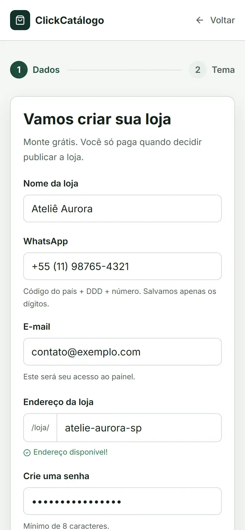 Formulário de cadastro com nome da loja, WhatsApp, e-mail, endereço e senha preenchidos