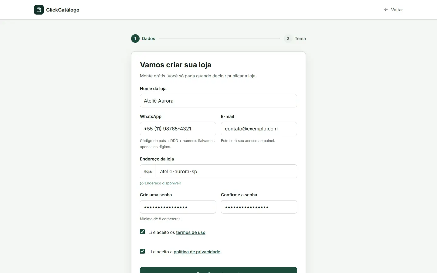 Formulário de cadastro com nome da loja, WhatsApp, e-mail, endereço e senha preenchidos