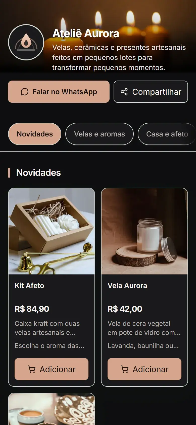 Loja Ateliê Aurora aberta no celular, com produtos e botão de pedido