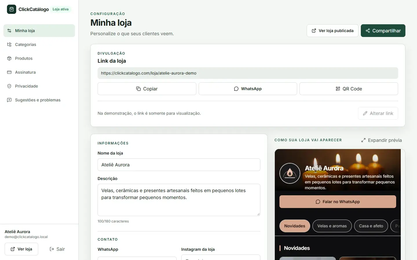 Painel da loja com o link para divulgar, botões de copiar, WhatsApp e QR Code