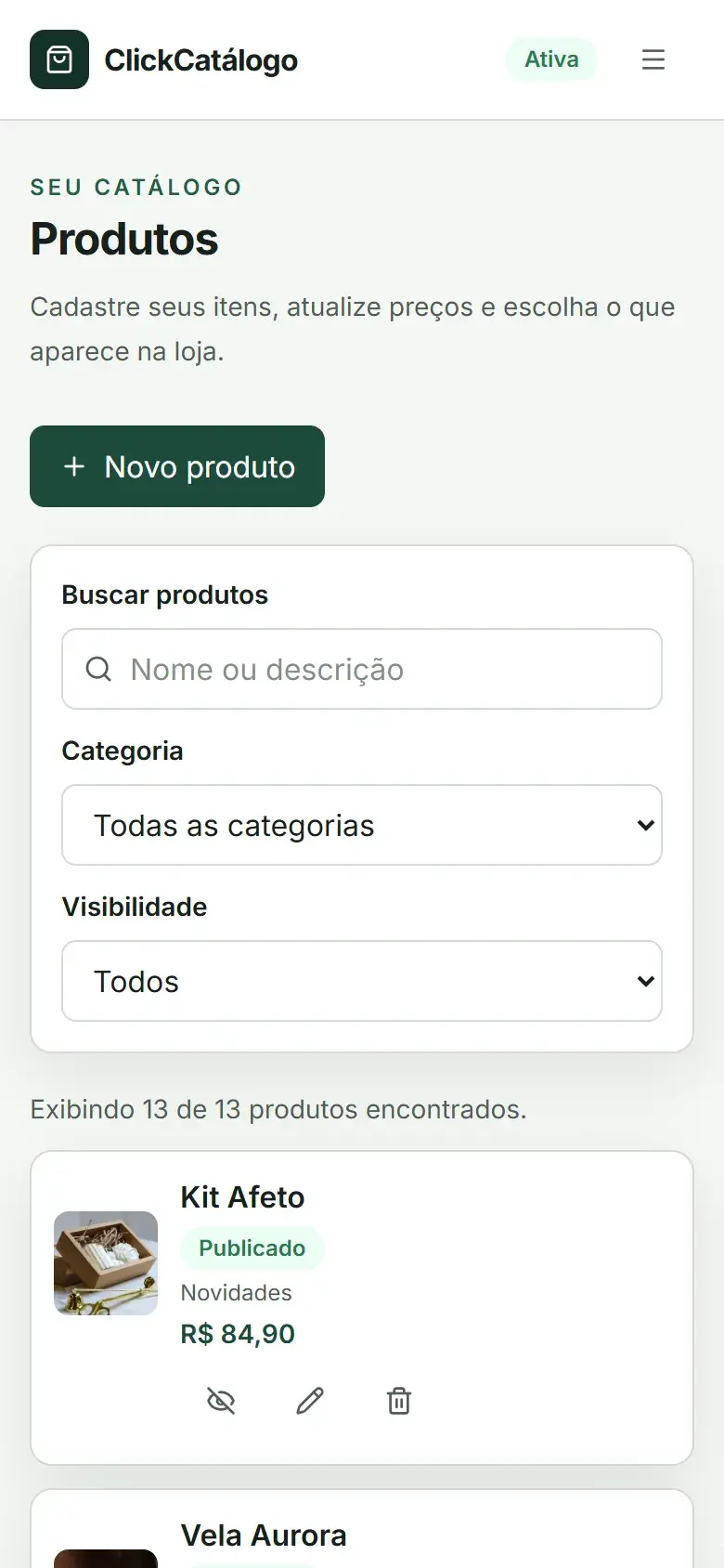 Painel com a lista de produtos da loja, preços e status de publicação