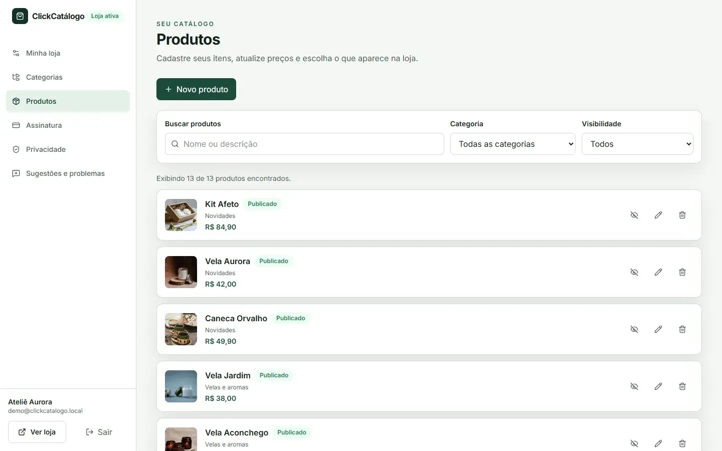 Painel com a lista de produtos da loja, preços e status de publicação