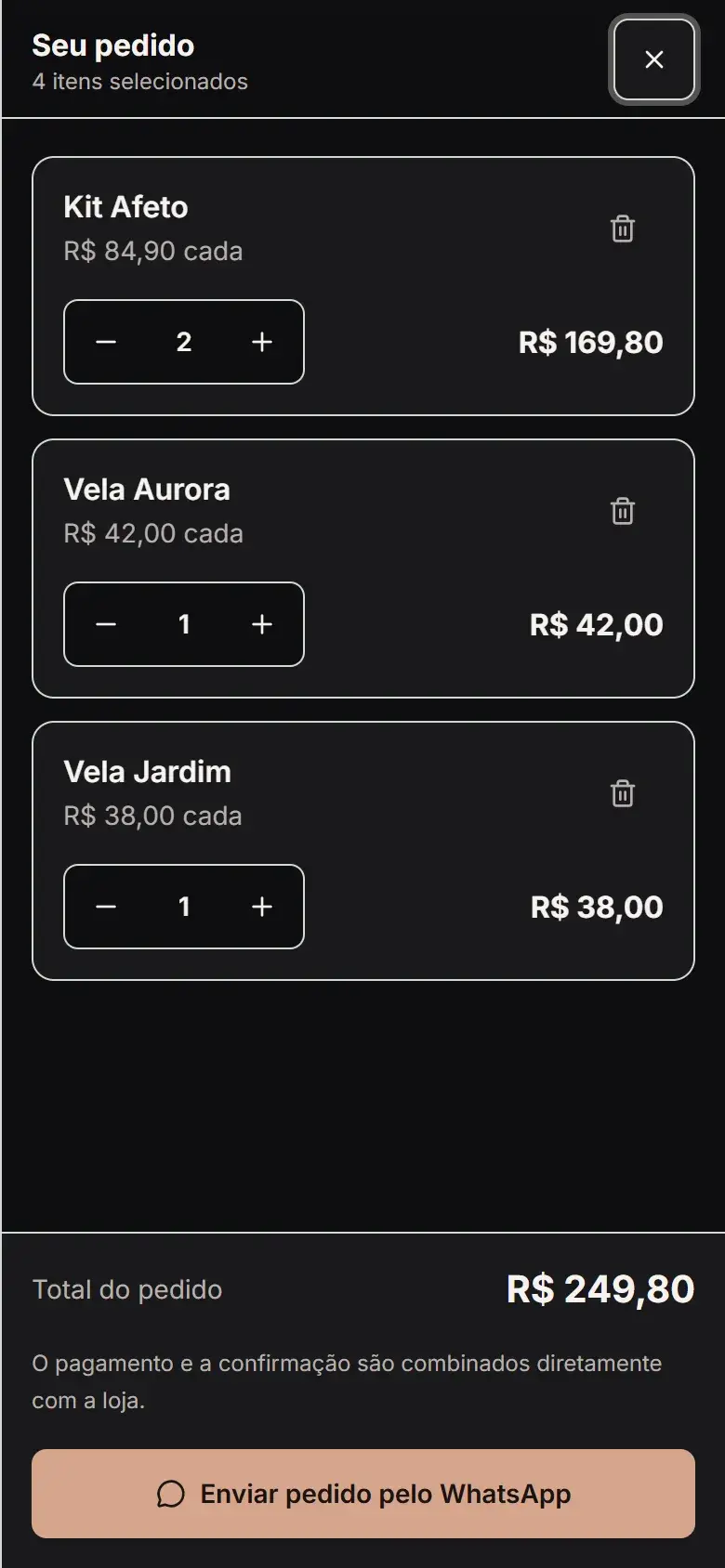 Carrinho com quatro itens e o botão Enviar pedido pelo WhatsApp